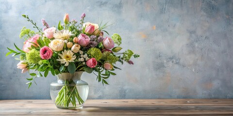 Floral spring arrangement mockup with a vase of blooming flowers and greenery, perfect for home decor or event planning