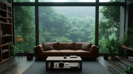 Serene Forest Retreat: A modern living room opens to a panoramic view of a lush green forest, rain-kissed windows framing the tranquil scene. 