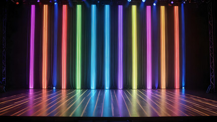 Wall Mural - Rainbow-colored lights in vertical stripes, pulsating with intensity, vibrant and modern stage setup