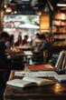 © Shooting Star Std - A student studying in a bustling café near their overseas university, with their textbooks and notes spread out, Generative AI