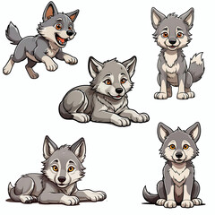 Wall Mural - Cute baby grey wolf clip art collection set