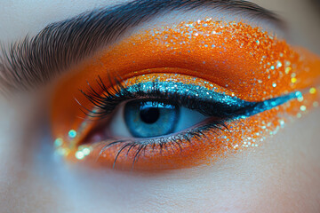 Close-up of a vibrant eye featuring orange and blue glittery makeup, showcasing artistic beauty and creativity.