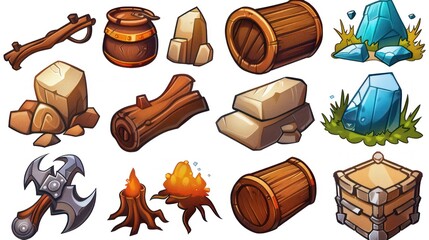 Cartoon game assets - nature, tools, and resources.