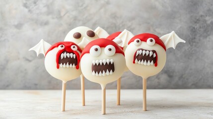 A spooky collection of cake pops shaped like ghosts and goblins, with eerie expressions and dark backgrounds halloween cake pop concept.