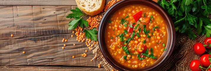 Poster - Bowl of vegetable lentil soup on a wooden surface