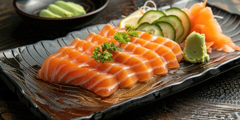 Wall Mural - Salmon sashimi with wasabi Traditional Japanese cuisine