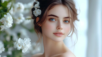 Canvas Print - Closeup portrait of beautiful young woman with flowers in her hair.