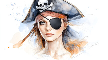 Wall Mural - Watercolor Portrait of a Beautiful Pirate Woman with an Eyepatch