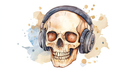 Watercolor Skull Wearing Headphones - Perfect for Music, Rock, and Death Designs