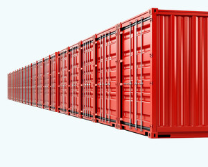 A row of red shipping containers lined up, showcasing their sturdy structure and industrial design for logistics and transportation.