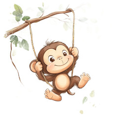 Wall Mural - Cute Cartoon Monkey Swinging on Jungle Vine