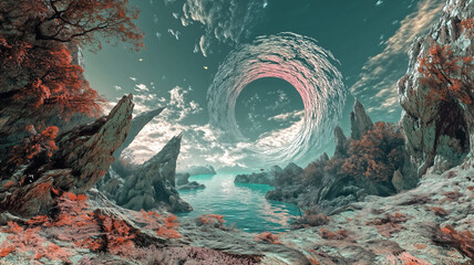 andscape merging nature and technology organic forms, digital gl