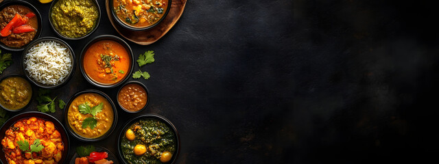 Wall Mural - Assorted indian food set on dark background. Bowls and plates with different dishes of indian cuisine. Pongal with sambar and chutney. Top view