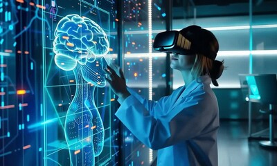 Poster - Exploring the future of neuroscience: A researcher utilizes virtual reality to analyze brain data in a high-tech lab setting. Generative AI