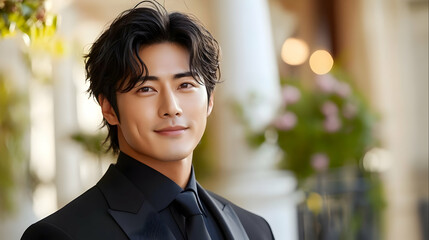 Handsome young man in a black suit smiling.