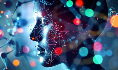 Poster - Exploring the intricate relationship between technology and humanity in a vibrant digital landscape filled with color and innovation. Generative AI