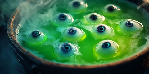 creepy witch?s brew punch with glowing green liquid, floating eyeball ice cubes, and eerie mist rising from the bowl