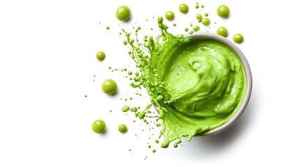 Green Food Splashes from a Bowl on a White Background