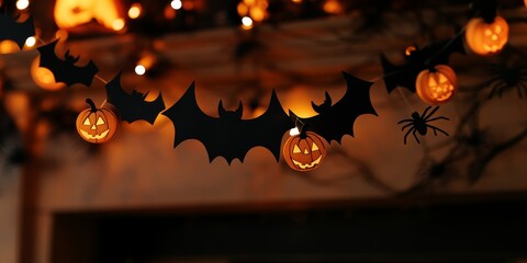 a handmade Halloween garland with cut-out bats, spiders, and pumpkins, hanging across a dimly lit fireplace mantel