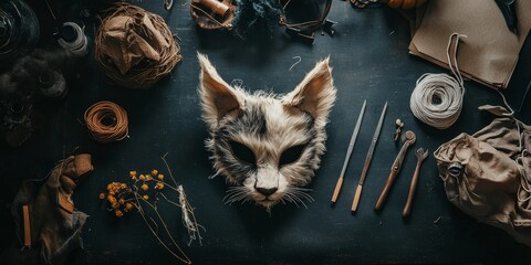 Wall Mural - DIY Halloween animal mask with detailed fur, ears, and whiskers, placed on a dark table with sewing tools and crafting supplies