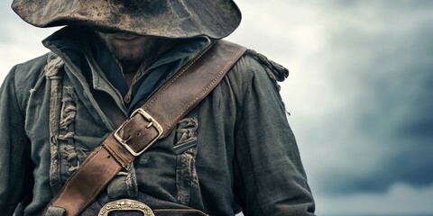 Wall Mural - Pirate costume close-up showing a weathered tricorn hat, eye patch, and leather belt with a glimmering cutlass, against a stormy sea backdrop