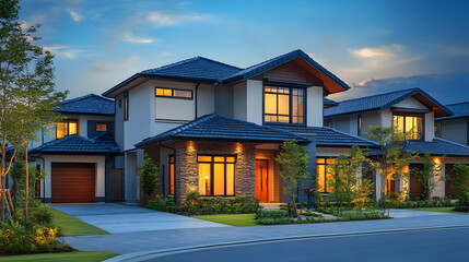 Wall Mural - Modern home with a stone facade and a blue roof, illuminated at dusk.