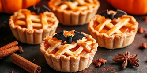 Wall Mural - mini pumpkin pies with lattice tops, garnished with tiny bat-shaped sugar cookies, surrounded by cinnamon sticks and scattered candy