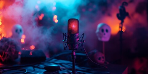 Spooky horror podcast setup with a glowing microphone, eerie sound effects, and ghostly decorations, set against a dark, misty background