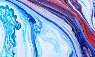 Poster - Fluid art creation with vibrant swirls of blue, red, and white paint in a creative studio setting. Generative AI