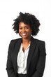 © Tetlak - A professional portrait of a smiling woman with natural curly hair, wearing a black suit jacket over a white blouse. The background is plain white, emphasizing her confident demeanor.