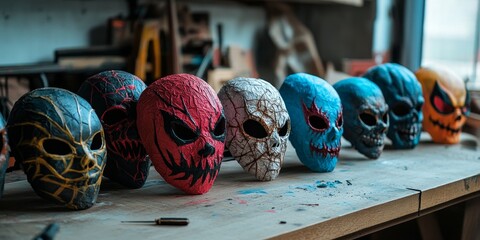 Wall Mural - DIY Halloween masks made from paper mache, featuring spooky designs and intricate paintwork, drying on a workbench