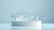 © Sinechana - 33. White cylindrical podium with transparent water splash, dynamic liquid wave, glass-like texture, light blue background, minimalist design for product display, high-speed photography capturing
