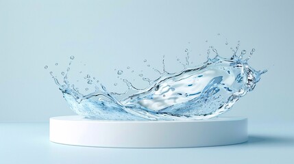 Wall Mural - 42. White cylindrical podium, dynamic blue water splash, transparent liquid waves, crystal clear fluid motion, high-speed photography, minimalist product display, light blue background, 3D rendering,