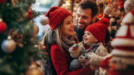 Wall Mural - Happy family shopping for Christmas decorations , they are looking at xmas decorations to put on their Christmas tree and give their home a festive mood