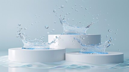 48. Dynamic water splash around three-tiered white cylindrical podiums, transparent liquid waves, crystal clear fluid motion, high-speed photography, minimalist product showcase, light blue