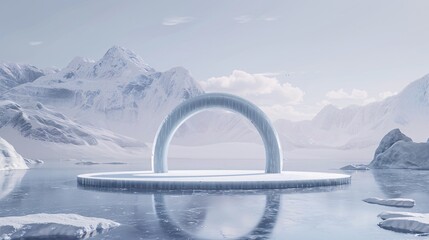 Wall Mural - 52. Frozen landscape, large arch over circular ice podium, snowy mountains in the background, pale sky creating a serene winter scene, 3D rendering, photorealistic textures, minimalist design, cold