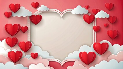 Red hearts and clouds paper cut effect frame surrounding a valentine's day background