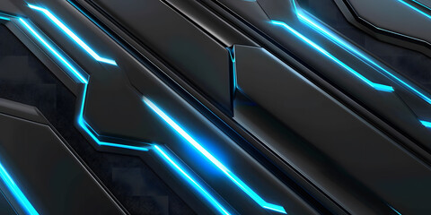 Leinwandbilder - Abstract blue glowing neon lines on a black background with , featuring futuristic geometric shapes and fluid stripes, perfect for technology-inspired designs or high-tech digital art.