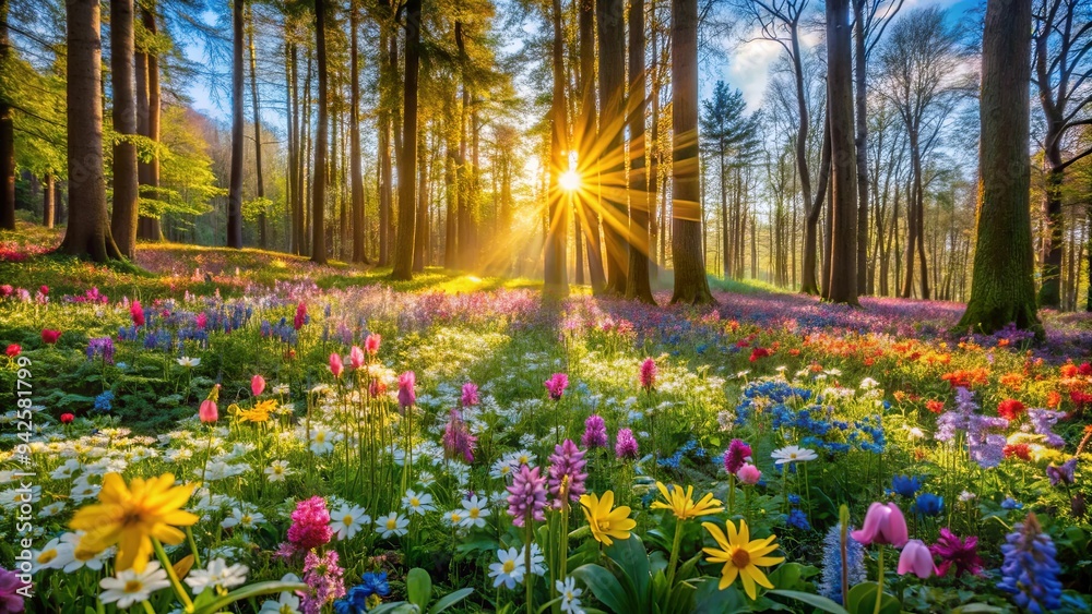 Sunlit forest filled with colorful spring flowers and wildflowers ...