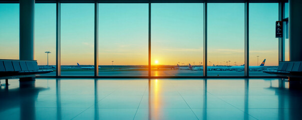 A serene airport view at sunrise, showcasing a tranquil atmosphere with planes silhouetted against a colorful sky.