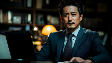 Poster - Serious businessman in a suit looking at the camera with a laptop in front of him.