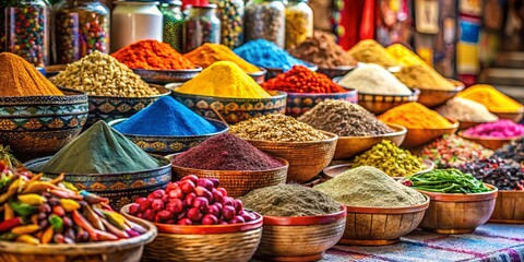 Vibrant street market with exotic spices and textiles