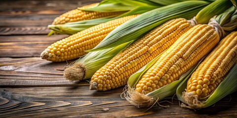 Close up of freshly picked organic corn cobs on a rustic wooden surface