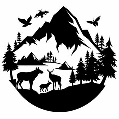 Poster - Mountain and Wildlife Black silhouette