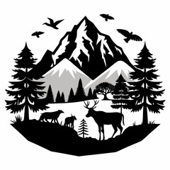 Poster - Mountain and Wildlife Black silhouette