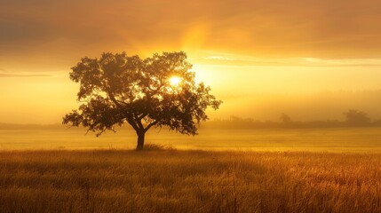 Sticker - Solitary Tree in Golden Field at Sunrise.