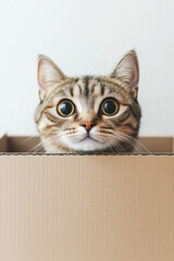 Curious cat peeking out of cardboard box, displaying wide eyes and playful expression.