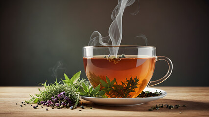 Organic herbal tea, steaming cup with herbs on side, 3D illustration