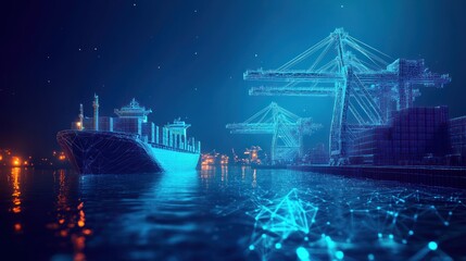 Digital polygonal cargo sea port. 3d ship, port crane and containers in dark blue. Container ships, transportation, logistics, business or worldwide shipping concept. Abstract 3D mesh illustration