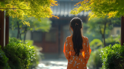 Canvas Print - Woman in orange dress standing in a garden.